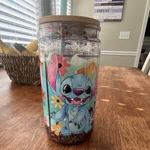 Disney Lilo & Stitch Floral Glitter Tumbler Mug w/ Lid & Straw